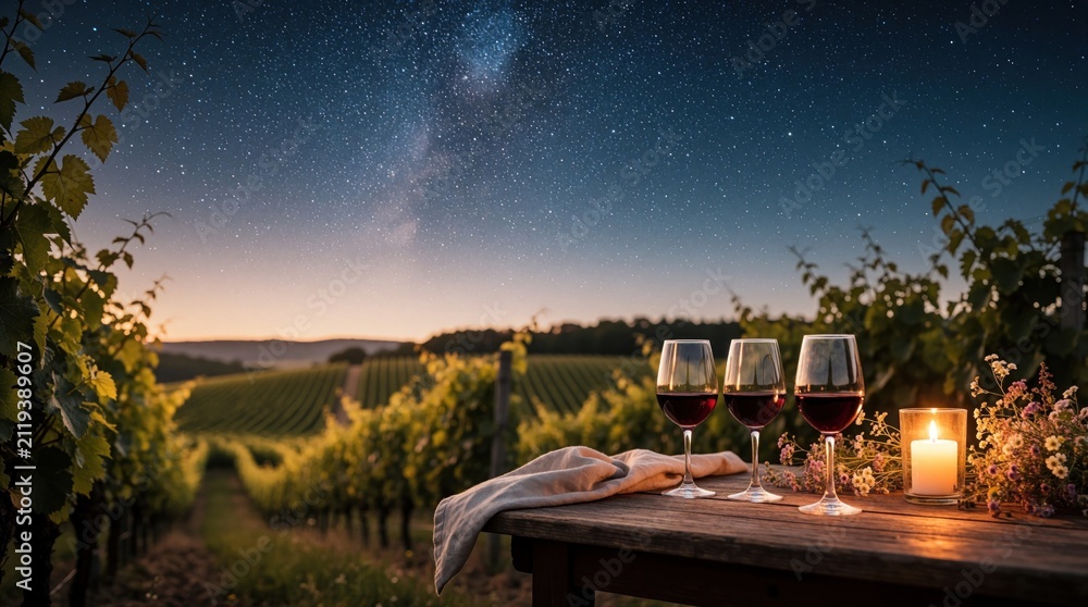 Obraz premium Three glasses of red wine sit on a wooden table beside a lit candle in a vineyard at dusk. The starry sky above the grapevines creates a magical atmosphere for outdoor dining and relaxation.