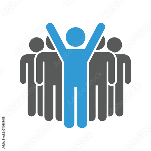 Leadership and Team Spirit: A stylized illustration depicting a charismatic leader standing out from a group, with arms raised in a gesture of victory and unity.