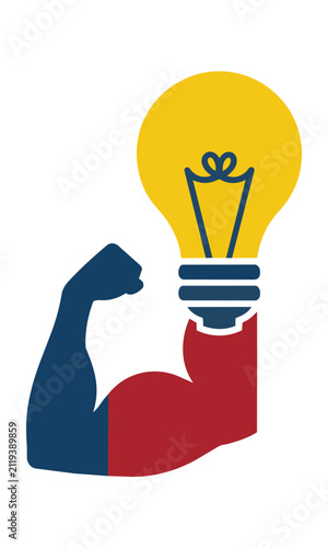 Stylized lightbulb merged with a flexing muscular arm in bold flat design, isolated on white. Mental and physical power concept