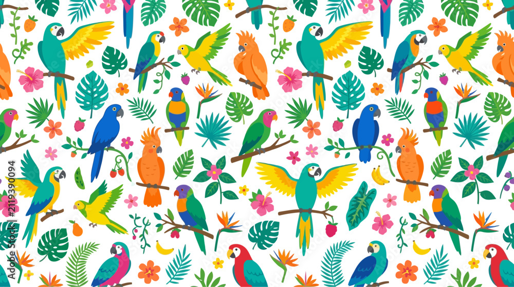 Naklejka premium Seamless Tropical Pattern with Colorful Parrots and Exotic Leaves, Vibrant Jungle Bird Illustration