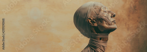 EGYPTIAN MUMMY PROFILE WITH HEAD BANDAGES ON SANDY BACKGROUND