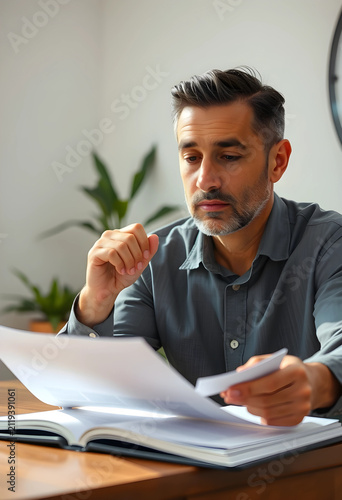 Focused man reviewing docum...