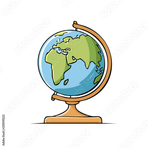 A hand drawn illustration of a colorful desktop globe with continents and oceans showing on a white background