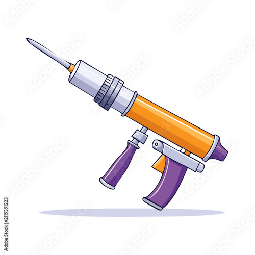Cartoon Caulking Gun with Orange Barrel and Purple Handle Dispensing Sealant