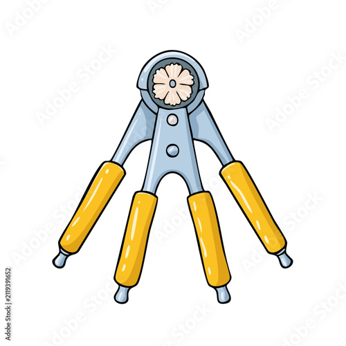 Illustration of a hand-held citrus juicer with bright yellow handles and a metallic finish