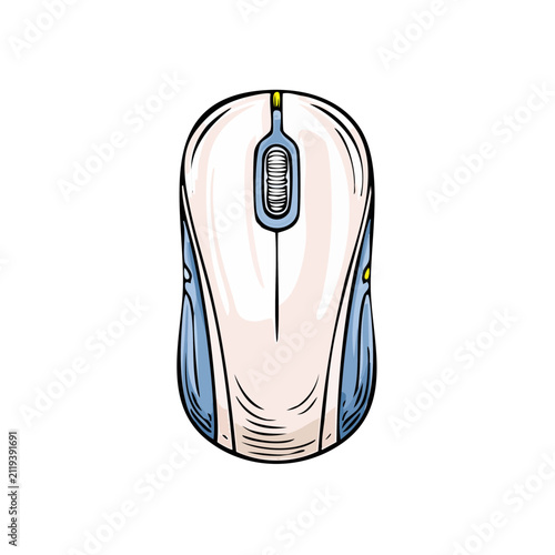 Modern computer mouse with scroll wheel and ergonomic design illustration