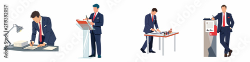 Quadro su tela Collection of businessman vector illustrations in various professional poses, including signing a contract, standing at a lectern, and working at a desk