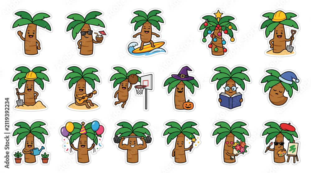 Obraz premium Cute cartoon palm tree characters engaged in various activities, representing seasons and holidays.