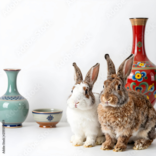 Two domestic rabbits sittin...