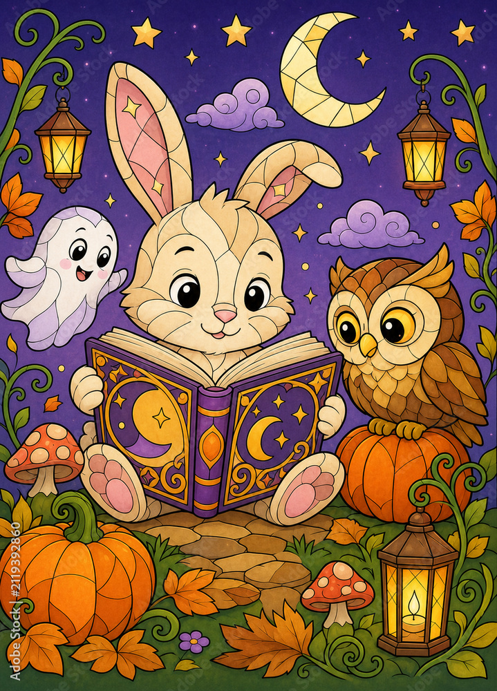 Obraz premium Cute Bunny Reading a Magic Book with Owl and Friendly Ghost at Night