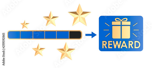 Reward progress bar with stars and gift card. 3D rendering