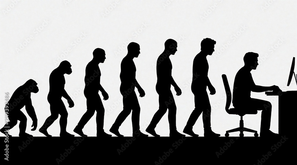 Obraz premium Silhouettes show human evolution from ape to man at computer desk. Progression from primal ancestor to modern digital worker represents tech advancement. Journey signifies societal change,