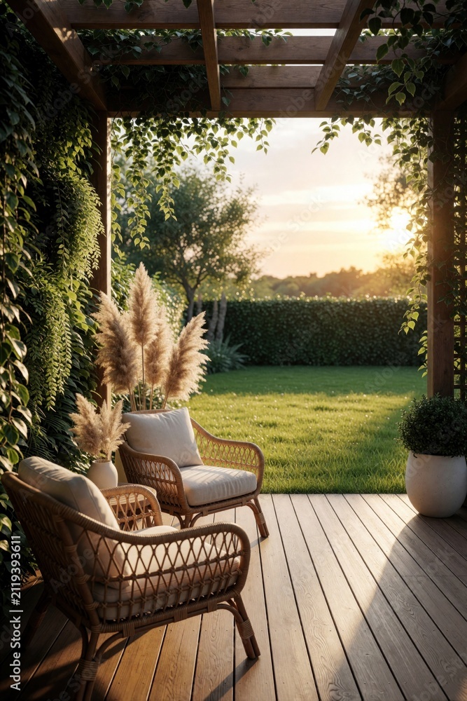 Obraz premium Modern outdoor patio with rattan chairs on wooden deck at sunset. Rich green plants hangs from pergola framing backyard garden view. Comfy furniture cushions sit in warm evening light. Tranquil