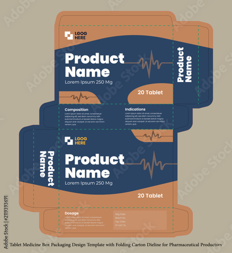Tablet Medicine Box Packaging Design Template with Folding Carton Dieline for Pharmaceutical Products