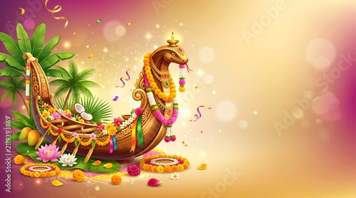 Premium 3D Vallam snake boat with dreamy floral Onam background