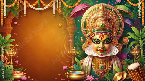 Ornate 3D Kathakali mask and Nilavilakku lamp Onam festival banner