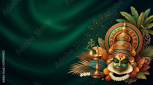 Premium 3D Kathakali mask and oil lamp Onam festival background