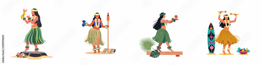 Fototapeta premium Set of Illustrations Featuring Hawaiian Hula Dancers in Traditional Costumes with Tropical Accessories on a White Background