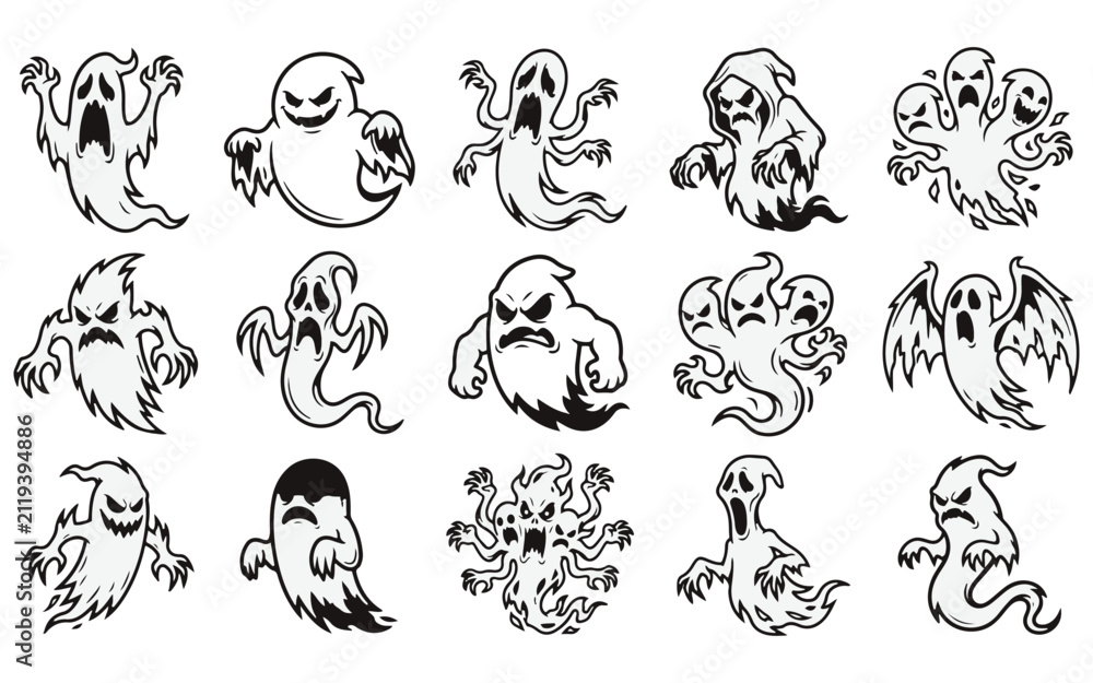 Obraz premium Set of hand drawn scary ghost characters for your creative halloween vector bundle design projects and holiday themed decorations