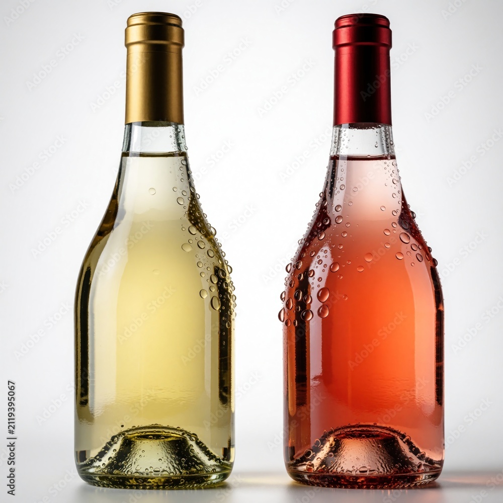 Obraz premium Two glass bottles of chilled white and rose wine stand together. Water droplets cover the cold bottles, hinting at a refreshing drink. Both bottles have distinct colored caps.