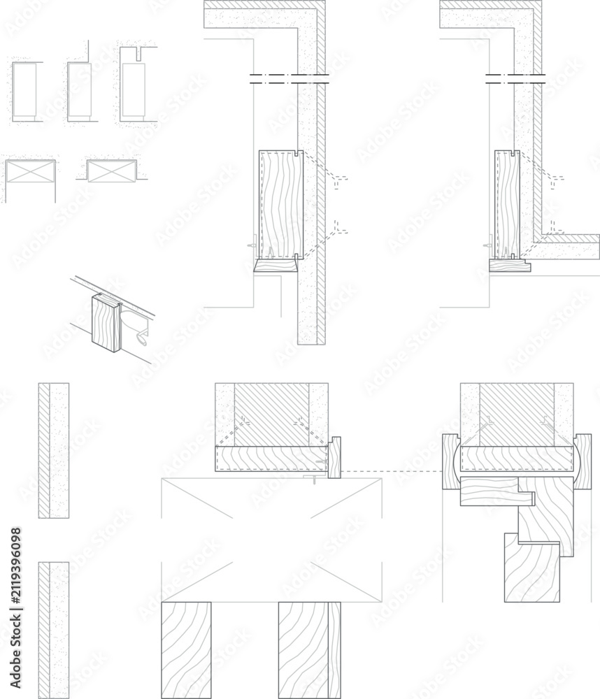 Fototapeta premium Technical architectural vector drawing featuring engineering details of wooden window framing, wall junctions, cross-sections, insulation layers, and assembly components.