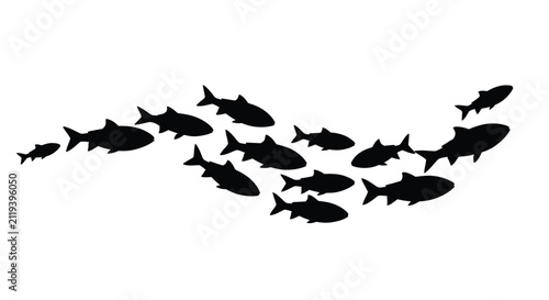 A school of black fish swim in a curved formation depicted as silhouettes