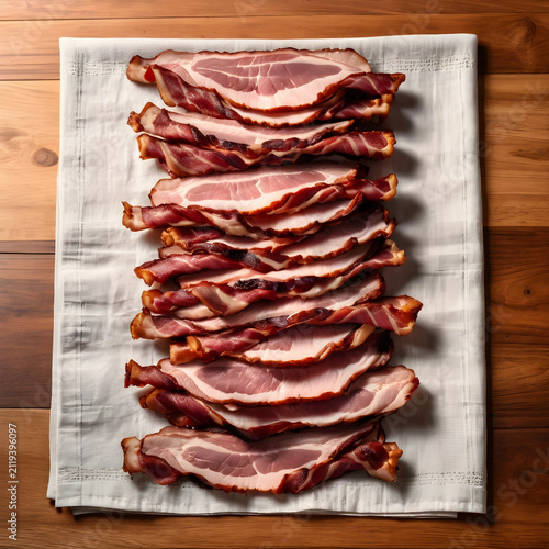 Stack of raw bacon slices o...
