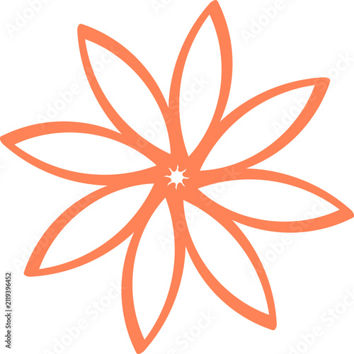 Minimalist Orange Eight Petal Flower Outline, Stylized Floral Graphic Asset on Transparent Background