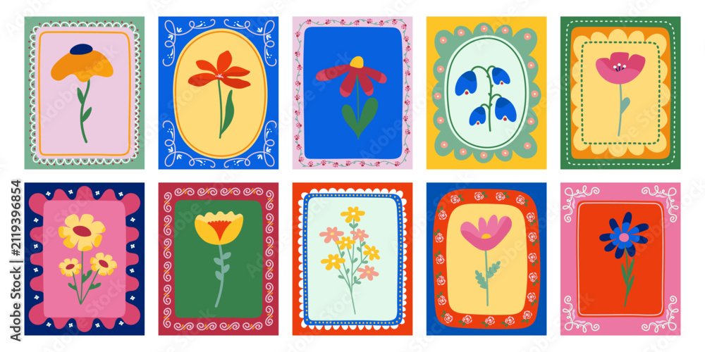 Fototapeta premium A set of postcards featuring floral images in elegant frames. A decorative botanical collection for spring greeting cards in a folk art style.