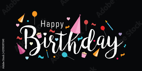 Happy Birthday Text Graphic with Colorful Confetti Accents.