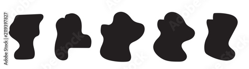 Five Irregular Black Abstract Shapes On White Background.