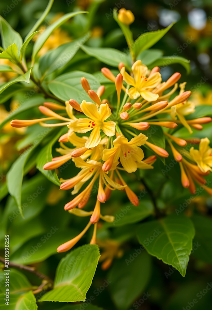 Obraz premium Yellow honeysuckle flowers and orange buds blooming on a green leafy bush in a garden during springtime, the vibrant blossoms and fresh foliage represent natures beauty and the arrival of spring