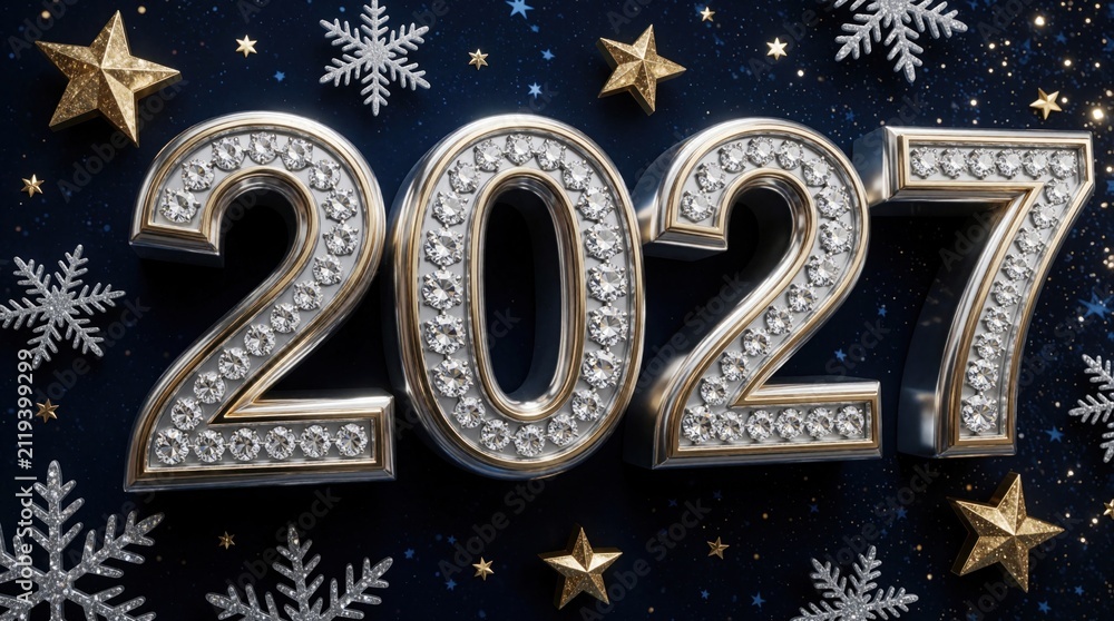 Obraz premium Luxurious silver numbers 2027 decorated with sparkling diamonds, gold outlines float against dark blue background. Shiny golden 3D stars, icy silver snowflakes surround text. Elegant festive