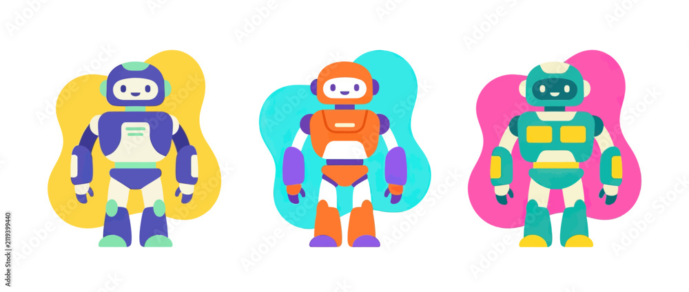 Fototapeta premium Three colorful cartoon robots standing against abstract organic shapes on white background