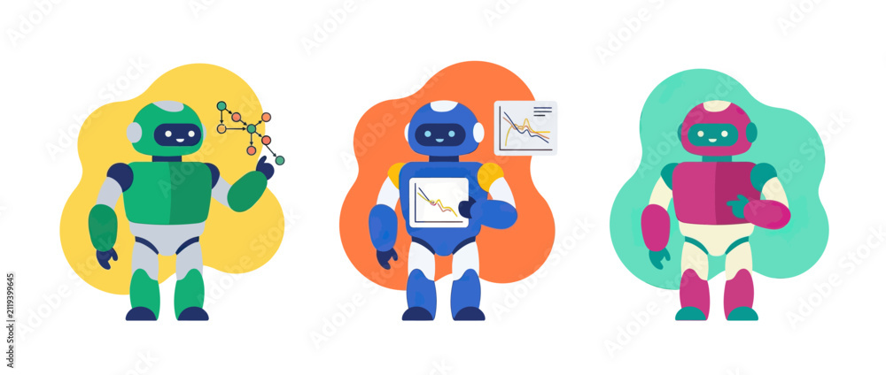 Fototapeta premium Three cartoon robots with organic shapes in background, one holding molecular structure, another with charts, one isolated.