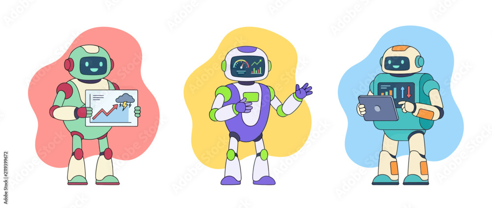 Fototapeta premium Three friendly robots presenting financial charts and graphs on a white background, with colorful blobs behind them.