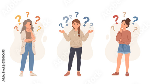 Konstfotografi Three women questioning, confused, thinking, with question marks floating above