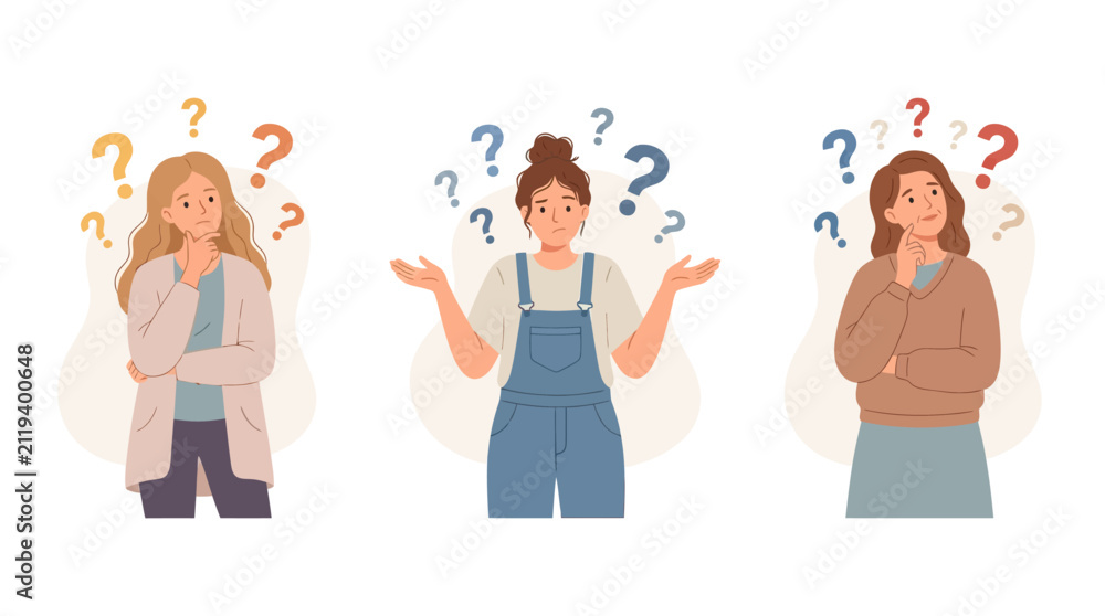 Fototapeta premium Three women thinking with question marks above their heads, illustration of confusion and decision making