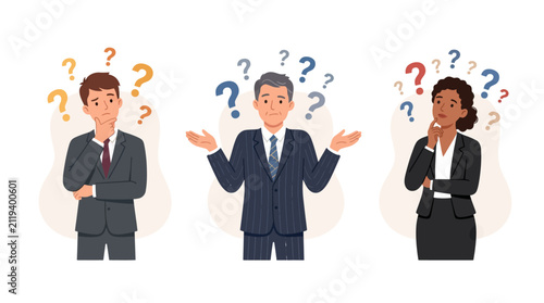 Bild auf Leinwand Diverse business people confused with question marks overhead, showing uncertain