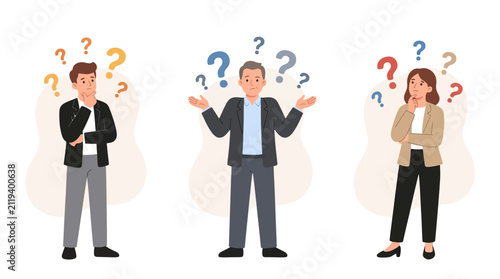 Foto Confused Business People with Question Marks Overhead, Uncertainty and Doubt Con