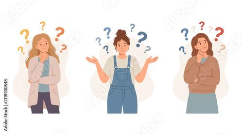 Bild auf Leinwand Three women thinking with question marks above their heads, illustration of conf