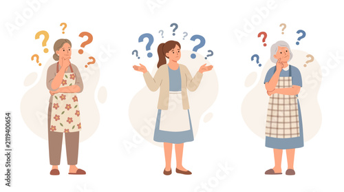 Obraz na płótnie Three women of different ages confused with question marks above their heads, br
