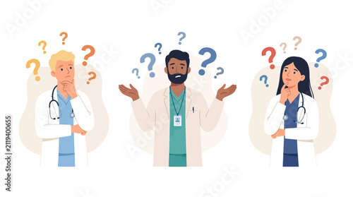 Bild auf Leinwand Confused Doctors with Question Marks Above Heads - Medical Uncertainty and Doubt