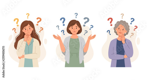Foto Three women of different ages thinking with question marks above their heads, co