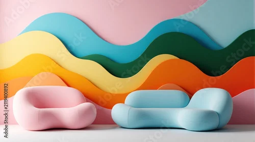 Panel kuchenny z motywem Modern living room interior features soft pink armchair, blue sofa against wavy rainbow wall. Colorful abstract shapes decorate home background. Trendy furniture set sits on white floor. Creative