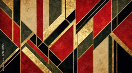 Panel kuchenny z motywem Abstract geometric art with red gold, black colors. Modern pattern features straight lines, angular shapes for creative design. Elegant wallpaper background with contemporary texture style. Luxury