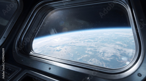 View of planet earth from inside metallic spacecraft window port.