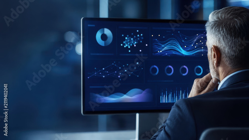 Ai technology slides with futuristic data visualization and analytics on computer screen in modern office at night