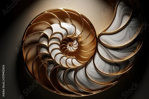 Panel kuchenny z motywem Abstract spiral shape with gold lines, white marble texture. Decorative metallic ornament features elegant curves, luxury aesthetic style. Modern interior graphic design element with smooth surface