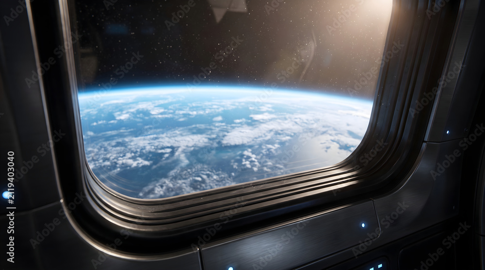 Naklejka premium Beautiful planet earth sunrise view from spaceship cockpit window.